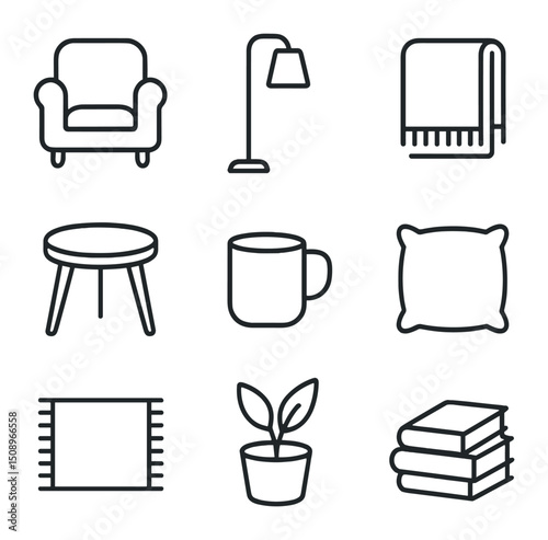 Reading Nook Icons. Outline icon set of reading nook essentials: armchair, floor lamp, throw blanket, side table, coffee mug,