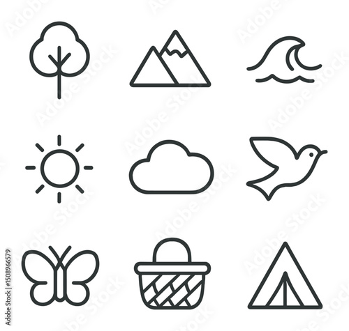 Nature Icon Set. Outline icon set of nature experiences: tree, mountain, river wave, sun, cloud, bird, butterfly, picnic basket,