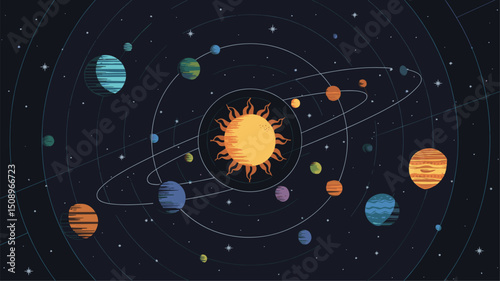 A vibrant vector illustration depicting the solar system, featuring the sun at the center surrounded by colorful planets in various textures and shades, set against a dark starry backdrop.