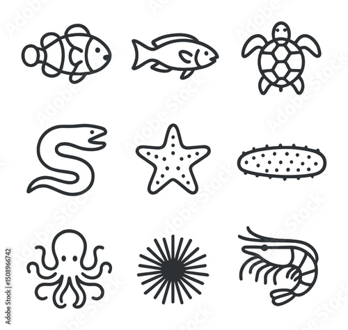 Reef Icons. Outline icon set of reef inhabitants: clownfish, parrotfish, sea turtle, moray eel, starfish, sea cucumber, octopus,