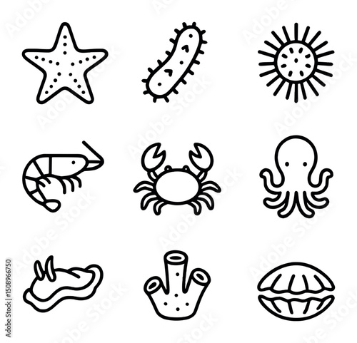 Reef Invertebrates Icons. Outline icon set of reef invertebrates: sea star, sea cucumber, sea urchin, shrimp, crab, octopus,