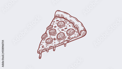 A charming hand-drawn illustration of a pepperoni pizza slice, featuring gooey melted cheese and rich toppings. Perfect for food-related designs.