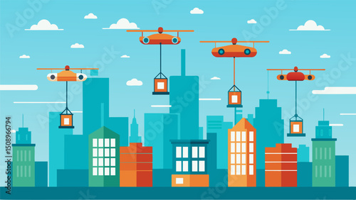 A line of eVTOLs hovered over the city their rotors spinning as they prepared to drop off packages and pick up new ones seamlessly keeping the supply chain moving.. Vector illustration