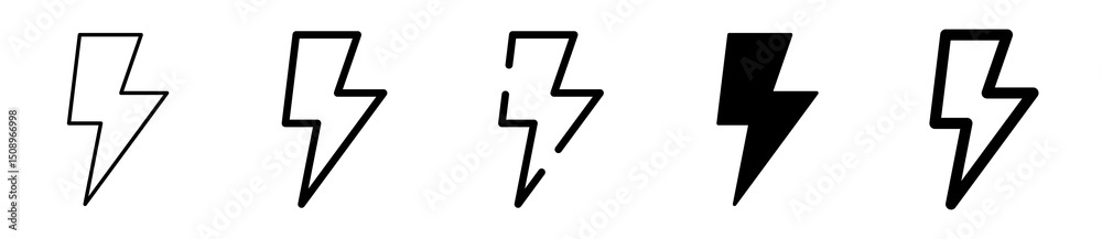 Conjunto de iconos de rayo. Energía, advertencia y dirección visual. Electricidad lineal, velocidad intensa. Ilustración vectorial
