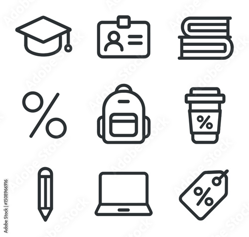 Student Discount Icons. Outline icon set of student discount benefits: graduation cap, student ID card, books, percent sign,