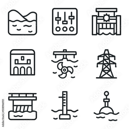 Water Infrastructure Icons. Outline icon set of water-powered infrastructure: upstream lake, dam