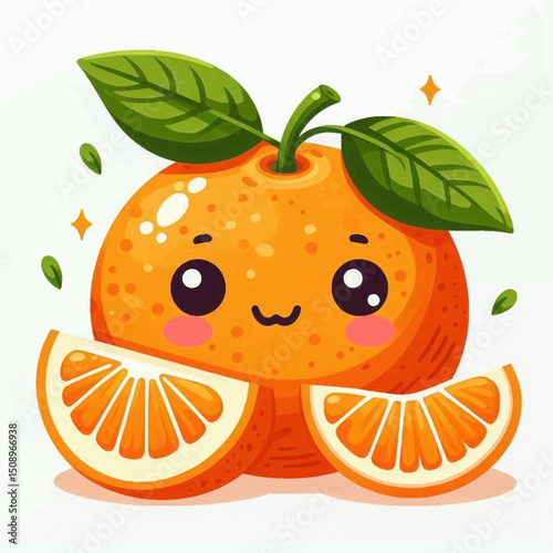 Cartoon orange with leaves slices and cute eyes