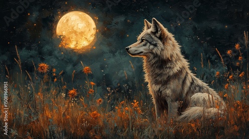 A Native American-inspired depiction of a wolf under the full moon, painted with earthy tones