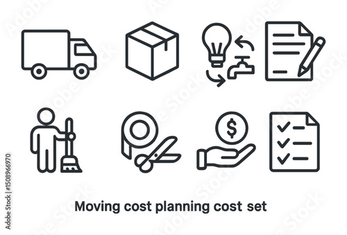 Moving and cost planning icon set for efficient budgeting and organization