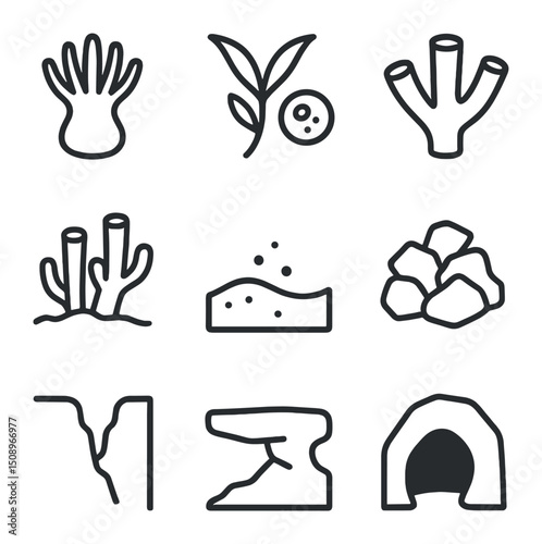 Reef Structure Icons. Outline icon set of reef structures: coral polyp, symbiotic algae, calcium skeleton, reef matrix, sand patch