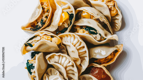 A vibrant collection of assorted dumplings filled with various ingredients, visually appealing and perfect for food-related designs.