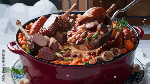 A vibrant illustration of a hearty winter stew filled with various meats and colorful vegetables. Perfect for food lovers and winter cuisine enthusiasts.