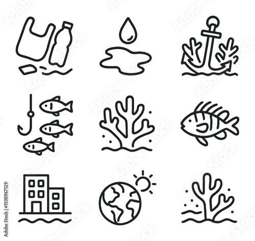 Reef Threat Icons. Outline icon set of reef threats: plastic debris, oil spill, anchor damage, coral bleaching, overfishing,