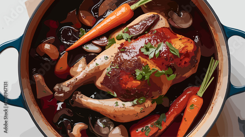 A colorful illustration of roasted chicken surrounded by carrots, mushrooms, and herbs in a Dutch oven. Perfect for cooking enthusiasts and food lovers.