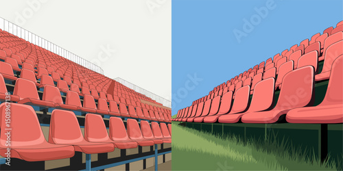 Illustration of empty stadium seats split between a neutral and vibrant background. The left features a muted tone, while the right showcases a lively sky and grassy setting.