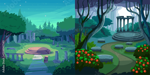 Explore a tranquil fantasy landscape featuring ancient ruins set in a lush forest, illuminated by a starry sky. Ideal for creative projects and storytelling.