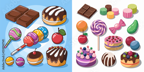 A delightful collection of candies and desserts featuring chocolate bars, lollipops, donuts, and festive cakes. Perfect for illustrating sweet indulgence!