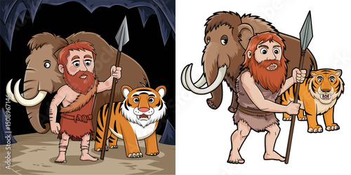 A whimsical illustration featuring a cartoon caveman standing proudly with a mammoth and a tiger. One side showcases a cave background, while the other exhibits a white backdrop, emphasizing...