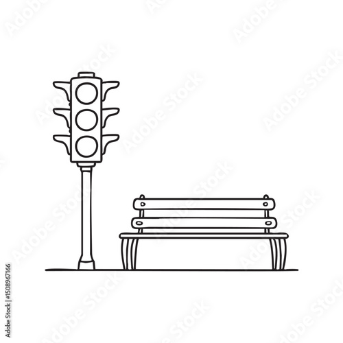 A traffic light beside a street corner with a bench