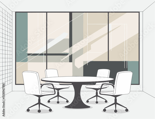 Conference room with a large screen on the wall and office chairs around a table. Colorful stylized flat vector illustration
