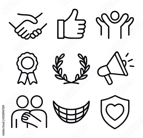 Support Icon Set. Outline icon set of support and encouragement: helping hand, thumbs up, cheering group, ribbon award, laurel