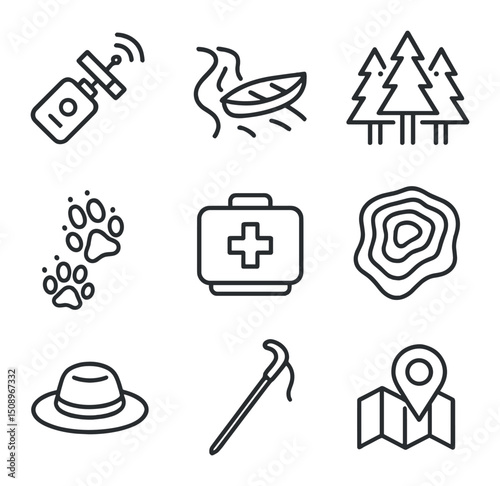 Wilderness Travel Icons. Outline icon set of remote wilderness travel: satellite beacon, river