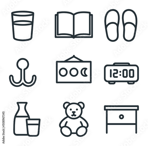 Nighttime Routine Icons. Outline icon set of nighttime household routine: bedside glass, open book, slippers, robe hook, moon