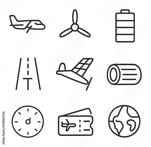 Sustainable Aviation Icons. Outline icon set of sustainable aviation: electric plane silhouette, propeller icon, battery pack,
