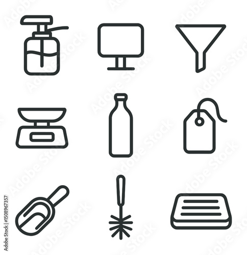 Refill Station Icons. Outline icon set of refill station setup: bulk dispenser pump, label chalkboard, refill funnel, scale tray,