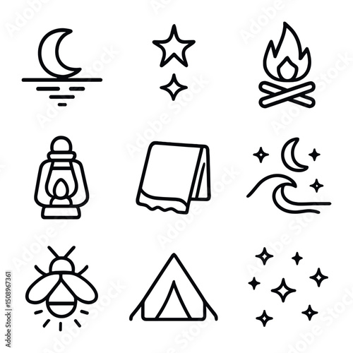 Nighttime Shore Icons. Outline icon set of nighttime sandy shore: moon over water, star reflection, campfire, lantern, blanket,