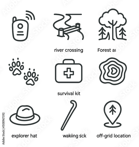 Wilderness Travel Icons. Outline icon set of undiscovered and unexplored destinations: hidden