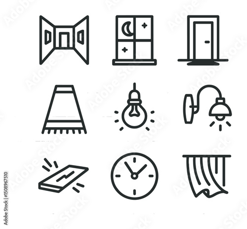 Nocturnal Hallway Icons. Outline icon set of nocturnal hallway ambiance: dim corridor, moonlit window, shadowed door, hallway