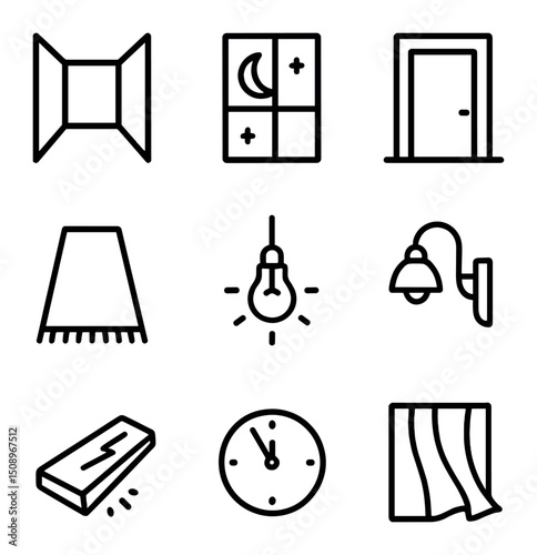 Nocturnal Hallway Icons. Outline icon set of nocturnal hallway ambiance: dim corridor, moonlit window, shadowed door, hallway
