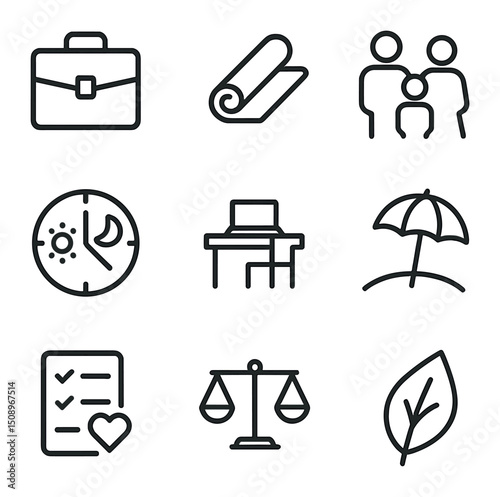 Work-Life Balance Icons. Outline icon set of pre-production and film planning: director script edits