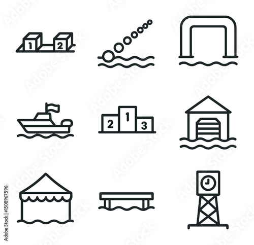 Regatta Icon Collection. Outline icon set of regatta elements: starting blocks, racing lane buoys, finish line arch, umpire launch