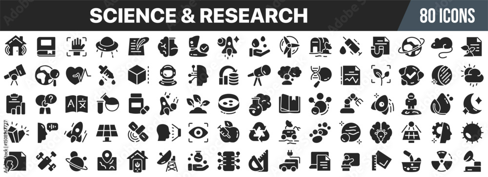 Fototapeta premium Science and research black icons collection. Big UI icon set in a flat design. Vector illustration EPS10
