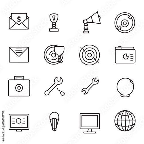 Collection of business and technology icons isolated on white background