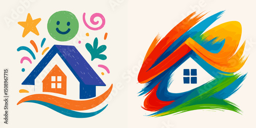 Two vibrant illustrations of houses with playful elements, perfect for designs related to home, creativity, and warmth. Ideal for various applications in digital and print media.