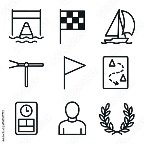 Regatta Racing Icons. Outline icon set of regatta racing elements: starting line buoy, finish flag, racing yacht, spinnaker pole,