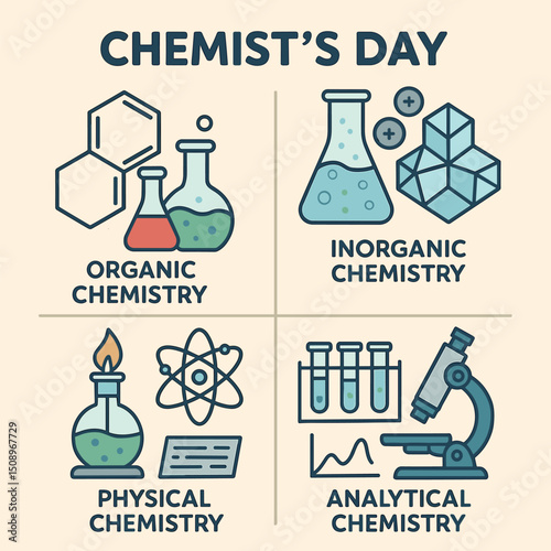 A colorful vector illustration depicting Chemist's Day, showcasing key branches of chemistry including Organic, Inorganic, Physical, and Analytical Chemistry with iconic symbols.