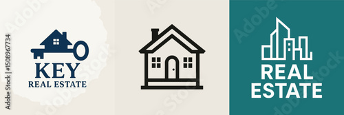 A collection of modern real estate logos, showcasing house icons and keys, perfect for branding and marketing in the property industry.