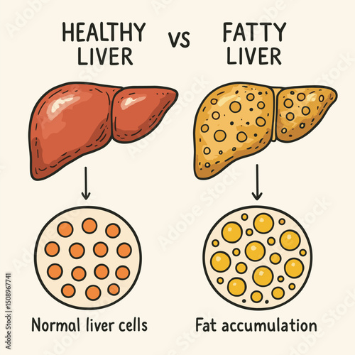 Illustration comparing a healthy liver with a fatty liver. The healthy liver displays normal liver cells, while the fatty liver shows fat accumulation. Educational graphic for healthcare.