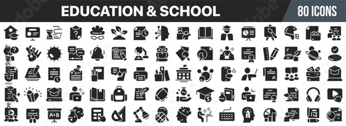 Education and school black icons collection. Big UI icon set in a flat design. Vector illustration EPS10