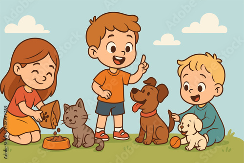 A delightful scene of kids engaging with pets in a park. Two children are feeding a cat while two happy dogs play beside them, set against a bright, cheerful background.