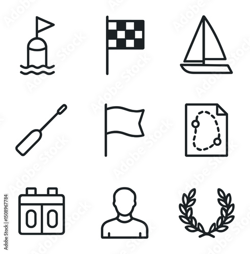 Regatta Racing Icons. Outline icon set of regatta racing elements: starting line buoy, finish flag, racing yacht, spinnaker pole,