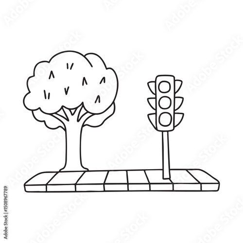 A light signal standing beside a tree on the curb
