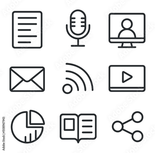 Online Content Icons. Outline icon set of online content channels: blog post, podcast mic, webinar screen, newsletter envelope,