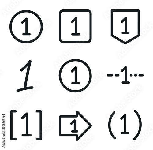 Page Number Icons. Outline icon set of page number styles: circled number, square badge, ribbon tag, handwritten numeral, stamp