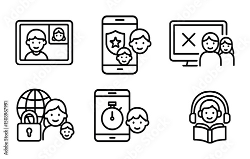 Family digital safety and parental control icons for design