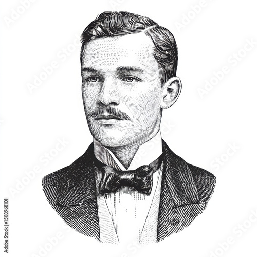 Vintage man portrait with mustache wearing tuxedo and bow tie in engraving style